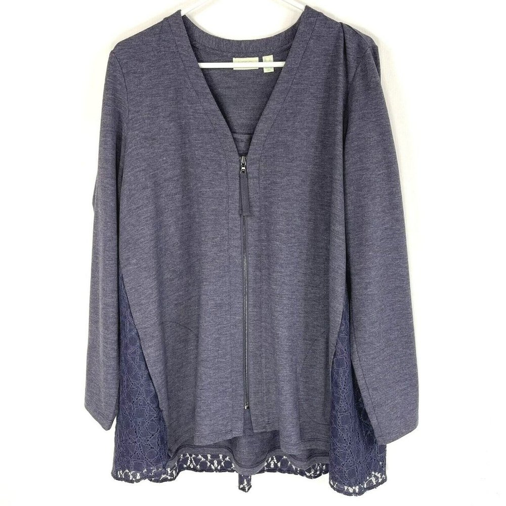 LOGO Lounge Lori Goldstein Womens Cardigan Size Large Gray Lace Back Zip